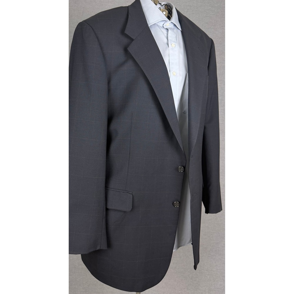 Tom James Corporate Image Navy Blue Windowpane Wool Blazer Sport Coat 42L